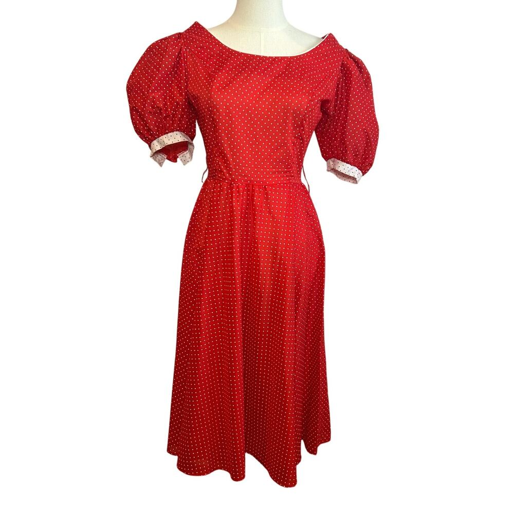 S.L. Fashions VTG 80s Polka Dot Puff Sleeve Midi Dress Red Size 9